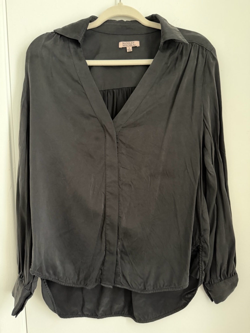 Slate Gray V-Neck Silk Blouse - Womens